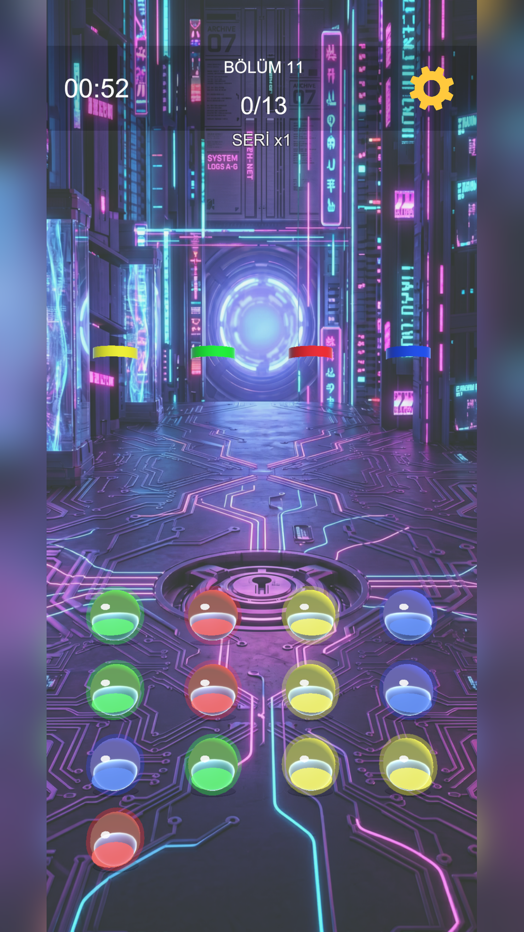 Sortheist neon şehir temalı oyun ekranı